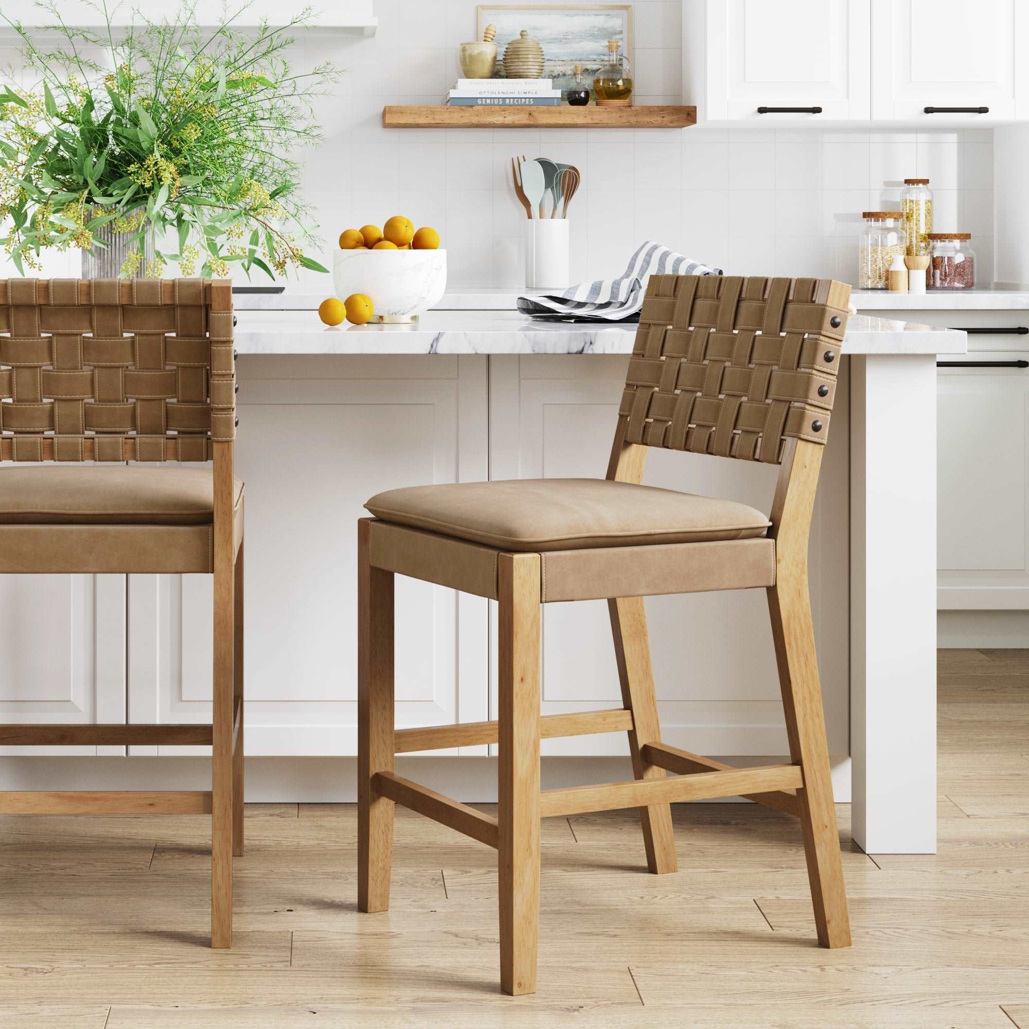 Cohen 29 in. Natural Brown Wood Mid-Century Faux Leather Counter Height Bar Stool, with Woven Back for Kitchen
